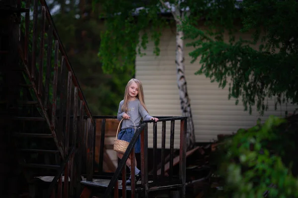 Une gentille petite fille avec panier se tient debout sur un ancien escalier dans un village un soir d'été — Photo