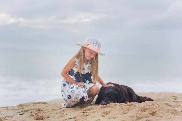 Vrolijke vrij klein meisje in de hoed zitten en knuffelen haar hond op het strand — Stockfoto