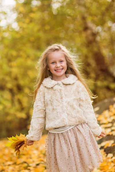 Klein meisje in warm vest glimlachend tegen de achtergrond van gevallen bladeren — Stockfoto