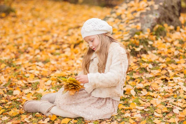 Little girl with yellow leaf. Child playing with autumn golden leaves. Kids play outdoors in the park. Children hiking in fall forest. Toddler kid under a maple tree on a sunny October day. — Stock Photo, Image