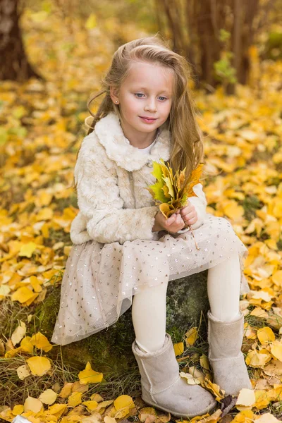 Dolce ragazza con lunghi capelli ricci è seduta su una grande pietra con un mazzo di foglie gialle in un parco autunnale . — Foto Stock