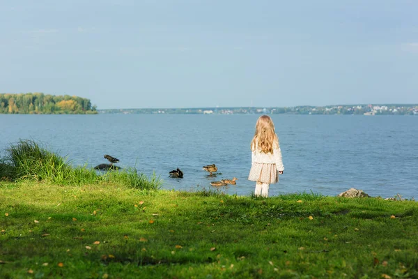 長い巻き毛を持つかわいい女の子、湖のほとりに立っている、晴れた日の距離にいます。泳ぐアヒルの横にあります。. — ストック写真