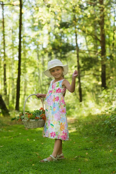 Menina bonito em um chapéu de pé em um caminho da floresta com uma cesta de Rowan — Fotografia de Stock