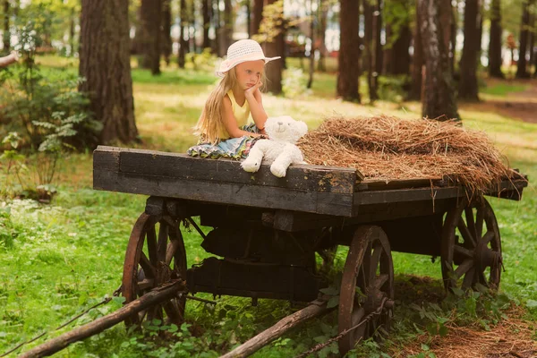 夏の公園でおもちゃの隣に座って甘い悲しい気分を害した女の子 — ストック写真