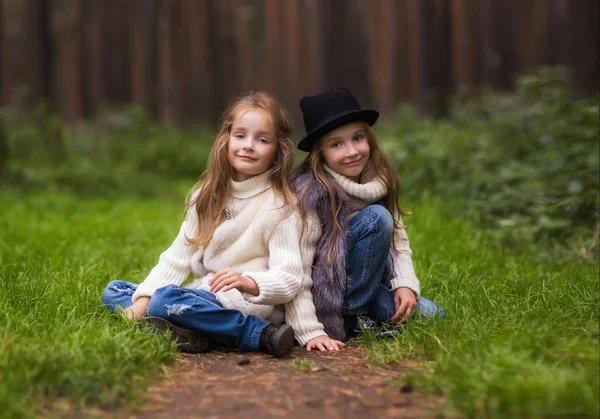 2 つのかわいい双子の女の子姉妹散歩 — ストック写真