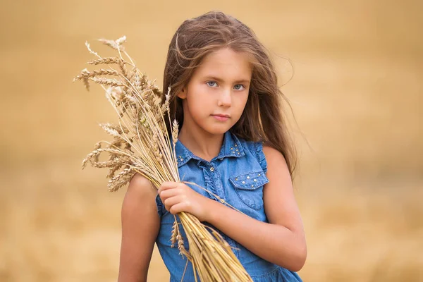 Retrato de uma menina bonita com cabelos longos com um buquê de trigo no campo de verão — Fotografia de Stock