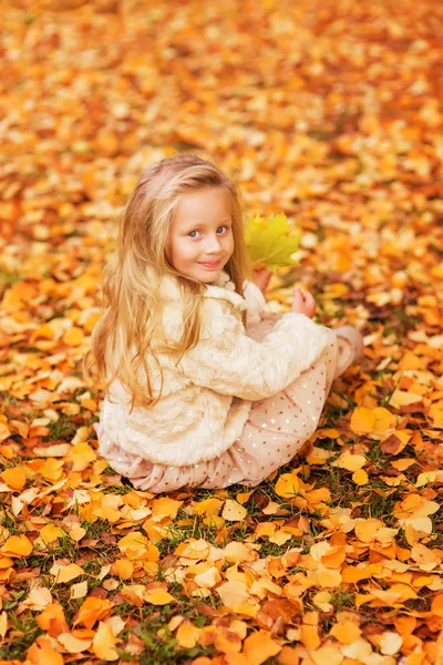 Bonito menina caminha no parque no outono — Fotografia de Stock