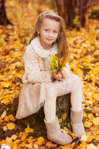 Schattig klein meisje wandelingen in het park in het najaar — Stockfoto