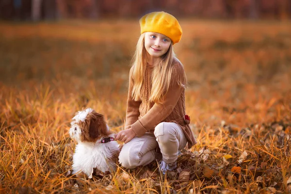 Retrato de niña con su cachorro favorito — Foto de Stock