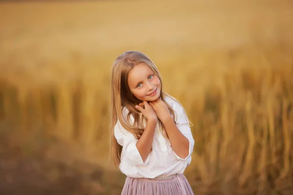 Retrato de una linda chica hermosa con pelo largo día de verano en el campo con trigo — Foto de Stock