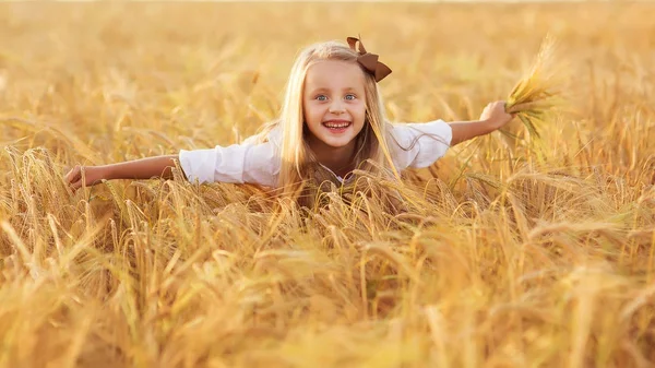 Chica feliz en el campo de trigo en la noche de verano —  Fotos de Stock