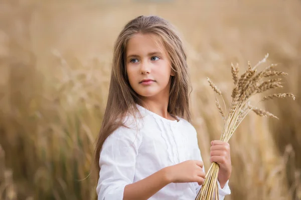 Doce menina bonita em um campo de verão com trigo — Fotografia de Stock