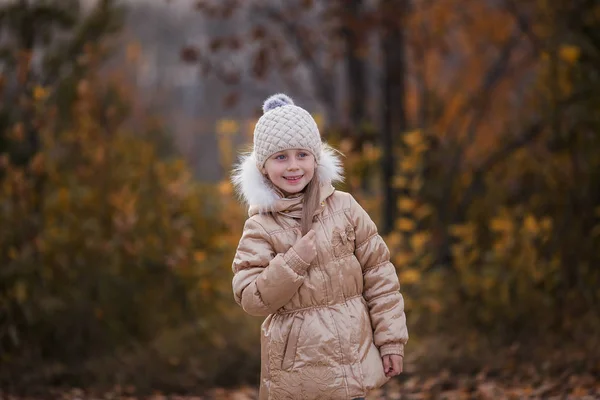 Retrato Bonito Sorrindo Pequena Criança Olhando Para Longe Parque Outono — Fotografia de Stock