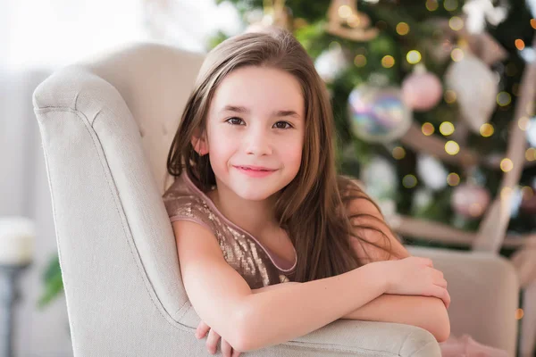 Portrait Cute Beautiful Girl Background Decorated Christmas Tree — Stock Photo, Image