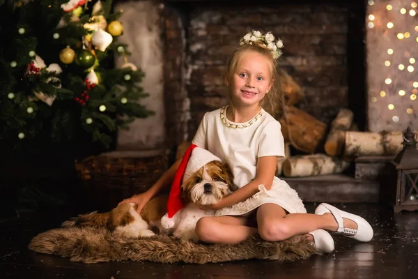 Маленькая Девочка Обнимает Щенка Концепция Праздника Рождество Новый Год — стоковое фото