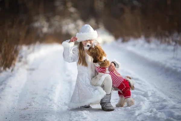 Girl in suit Snow Maiden training a puppy in a suit in the winter forest