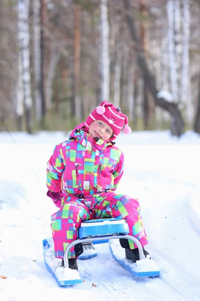 Fröhliches Glückliches Mädchen Reitet Auf Einem Schneeball Einem Verschneiten Winter — Stockfoto