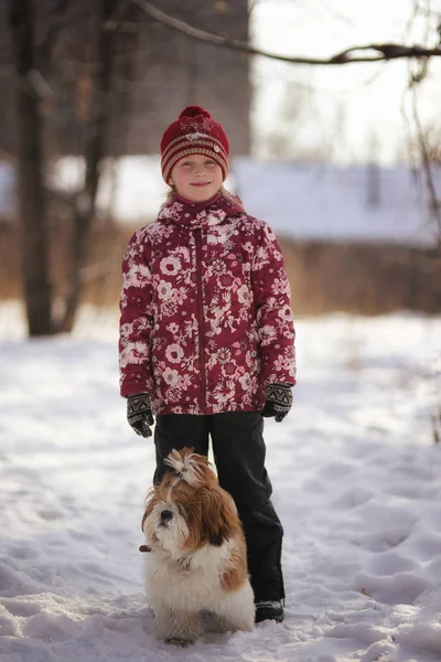 Красивая Маленькая Девочка Собакой Снегу Зимой — стоковое фото