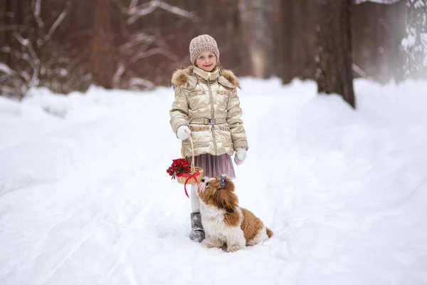 Sweet girl and a dog with flowers spring day in the forest for the holiday