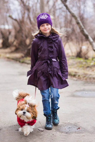 Маленькая Девочка Собакой Гуляет Дороге — стоковое фото