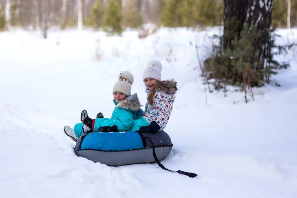 Fröhliche Mädchen Reiten Gemeinsam Einen Schlauch Von Einem Hügel Winterurlaub — Stockfoto