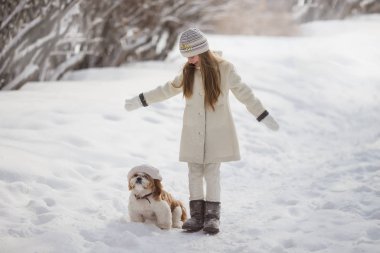 Güzel küçük kız kışın köpeğiyle parkta yürüyor.