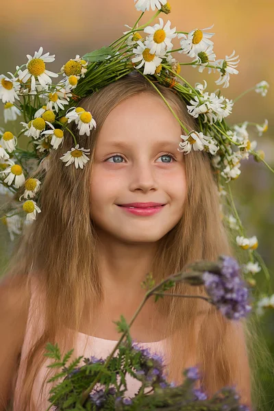 Retrato Uma Menina Bonita Vestindo Uma Coroa Camomila Menina Com — Fotografia de Stock