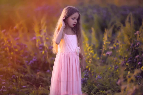 Porträt Des Netten Jungen Mädchens Mit Langen Haaren Bei Sonnenuntergang — Stockfoto