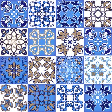 Fas, Portekiz fayans sorunsuz patchwork desen koleksiyonu. Dekoratif süsleme kullanılan duvar kağıdı, fon, kumaş, tekstil, kağıt ambalaj.