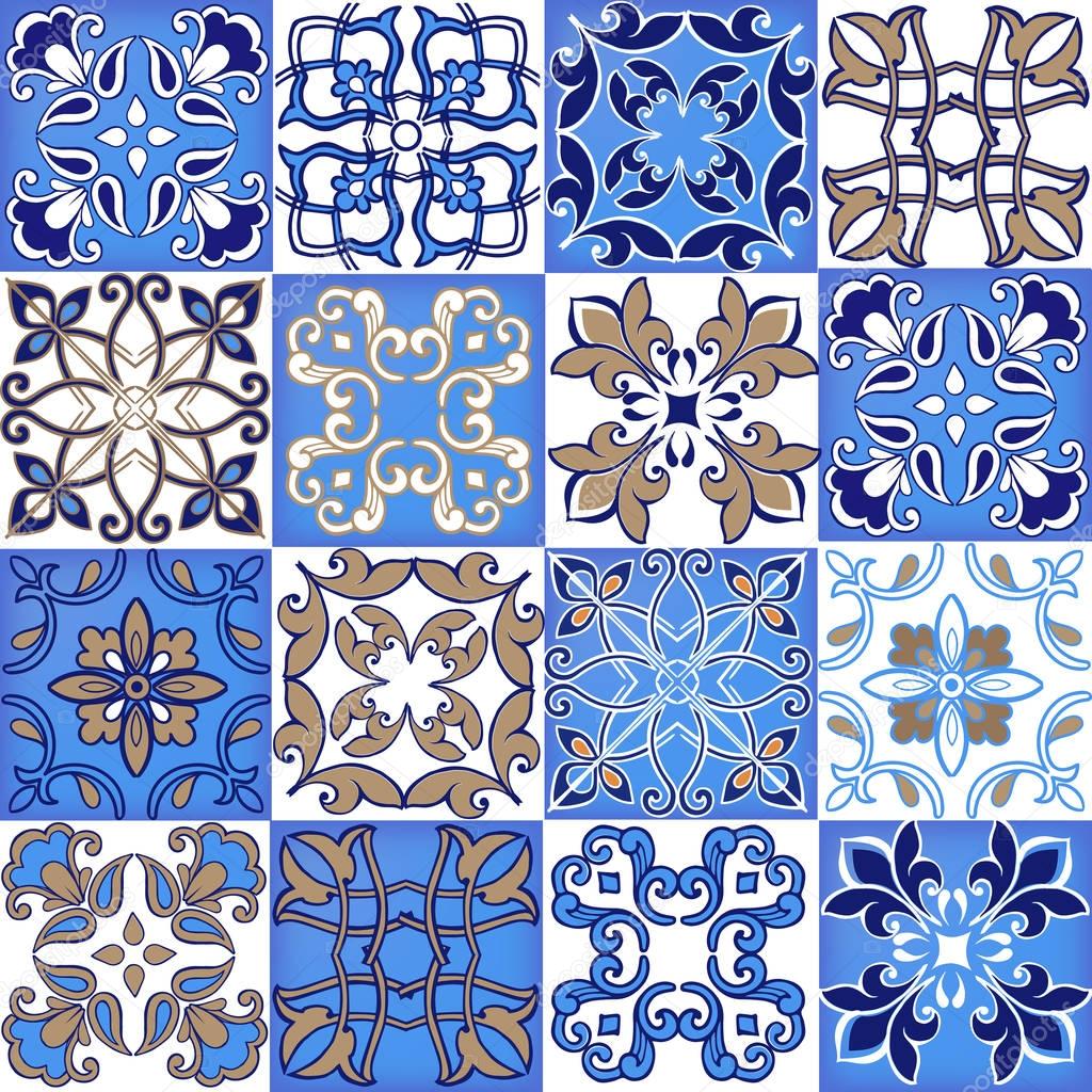 Collection seamless patchwork pattern from Moroccan, Portuguese tiles. Decorative ornament can be used for wallpaper, backdrop, fabric, textile, wrapping paper.