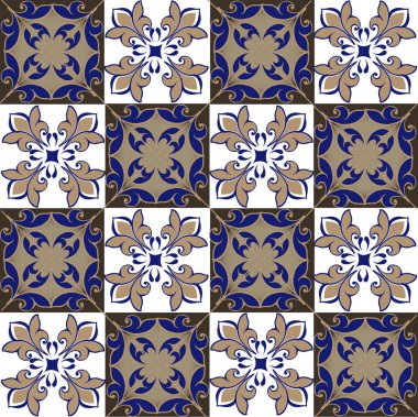 Fas, Portekiz fayans kahverengi ve mavi renklerde sorunsuz patchwork desen. Dekoratif süsleme kullanılan duvar kağıdı, fon, kumaş, tekstil, kağıt ambalaj.