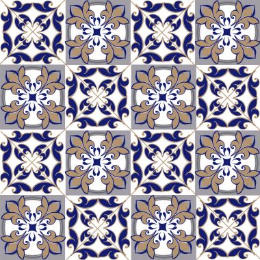 Fas, Portekiz fayans kahverengi ve mavi renklerde sorunsuz patchwork desen. Dekoratif süsleme kullanılan duvar kağıdı, fon, kumaş, tekstil, kağıt ambalaj.