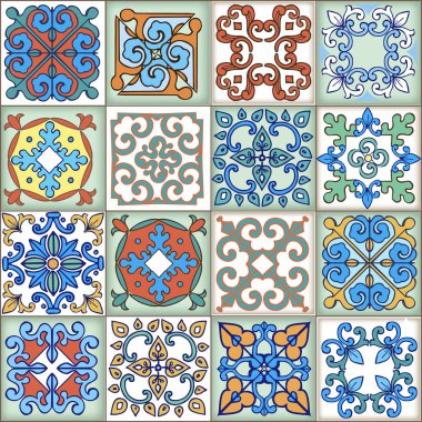 Fas, Portekiz fayans sorunsuz patchwork desen koleksiyonu. Dekoratif süsleme kullanılan duvar kağıdı, fon, kumaş, tekstil, kağıt ambalaj.