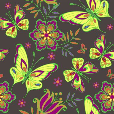 Çiçekler ve kelebekler ile çok renkli seamless modeli. Kumaş, tekstil, kağıt ambalaj için Dekoratif süsleme zemin.