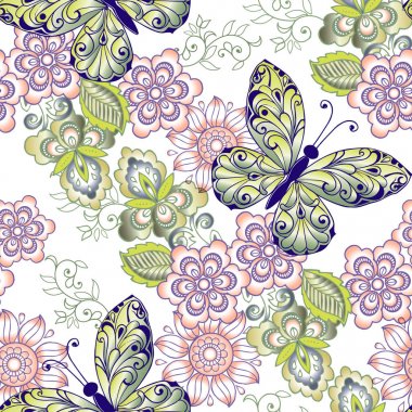 Sorunsuz süsleme kelebekler ve çiçekler bahar. Kumaş, tekstil, kağıt ambalaj için Dekoratif süsleme zemin.