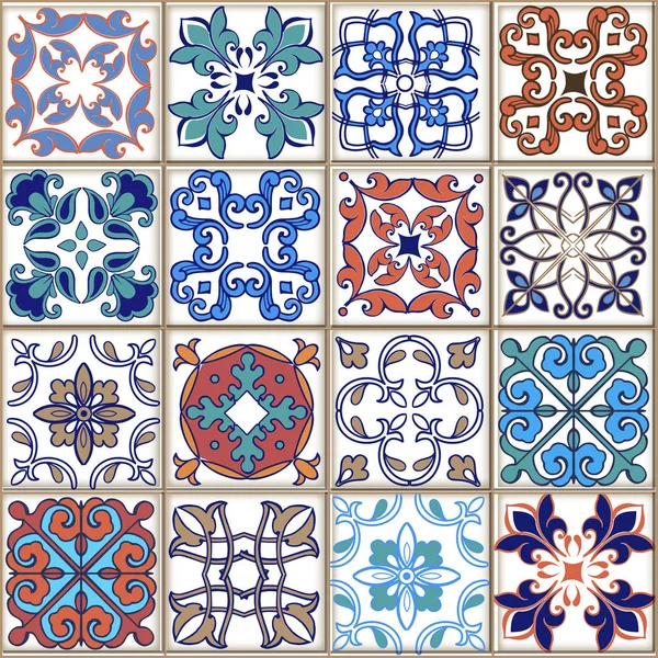 Sömlös lapptäcke mönster från marockanska, portugisiska mångfärgade plattor/samling sömlös lapptäcke mönster från marockanska — Stock vektor