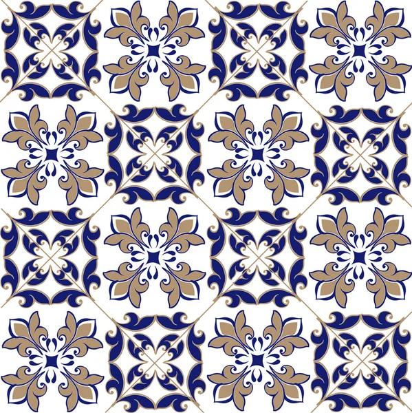 Fas, Portekiz fayans kahverengi ve mavi renklerde sorunsuz patchwork desen. Dekoratif süsleme kullanılan duvar kağıdı, fon, kumaş, tekstil, kağıt ambalaj.