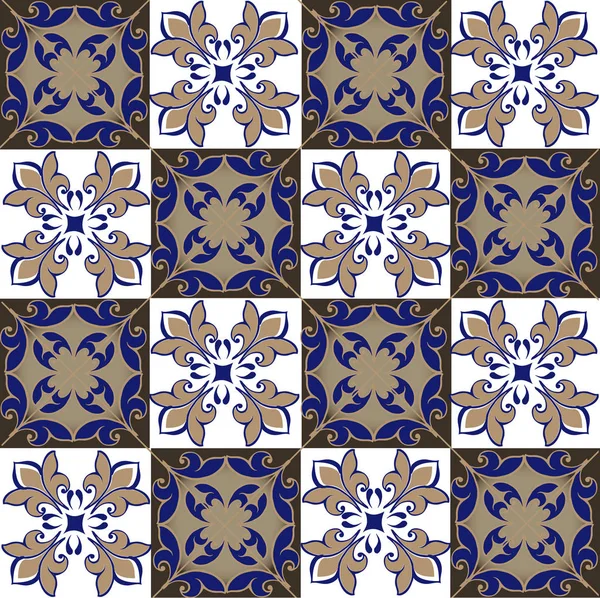 Bezproblémové patchwork vzor z Maroka, portugalské dlaždice v barvách modrá a hnědá. Dekorativní ornament lze použít pro tapety, pozadí, látky, textil, balicí papír. — Stockový vektor