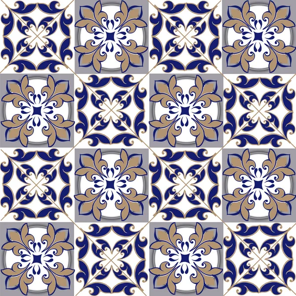 Padrão de retalhos sem costura de azulejos marroquinos, portugueses em cores azul e marrom. ornamento decorativo pode ser usado para papel de parede, pano de fundo, tecido, têxtil, papel de embrulho . — Vetor de Stock