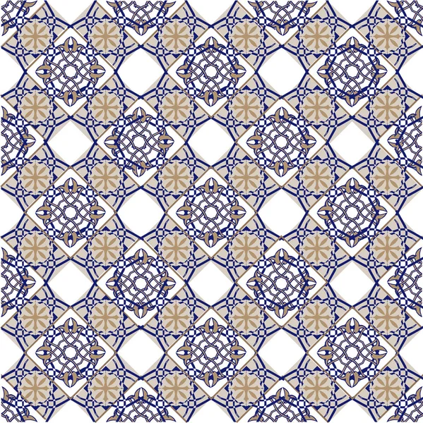 Nahtloses Patchworkmuster aus marokkanischen, portugiesischen Fliesen in blauen und braunen Farben. dekorative Ornamente können für Tapeten, Hintergrund, Stoff, Textilien, Packpapier verwendet werden. — Stockvektor