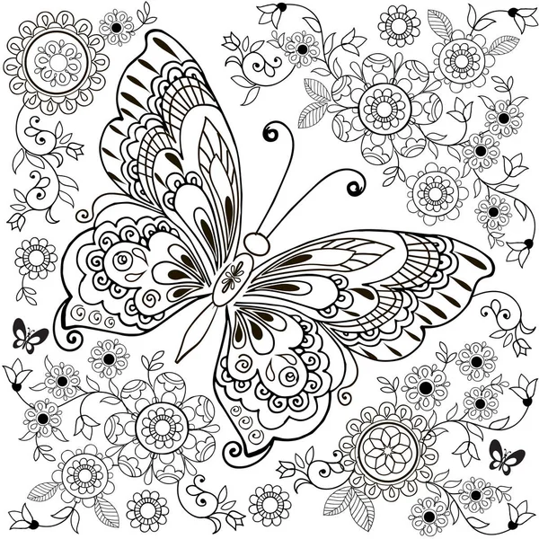Decorative butterfly with floral ornament for anti Stresa Coloring. — Stock Vector
