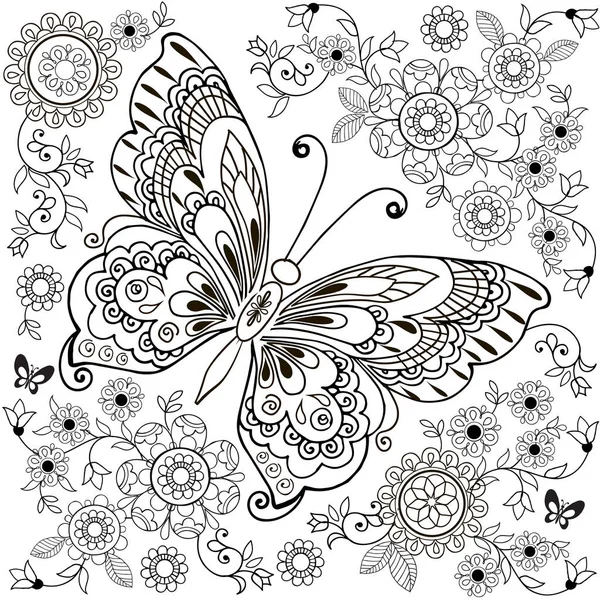 Borboleta decorativa com ornamento floral para anti Stresa Coloring . — Vetor de Stock