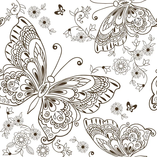 Bezszwowe kwiatki z motylami kolorowanka antystresowy. — Wektor stockowy