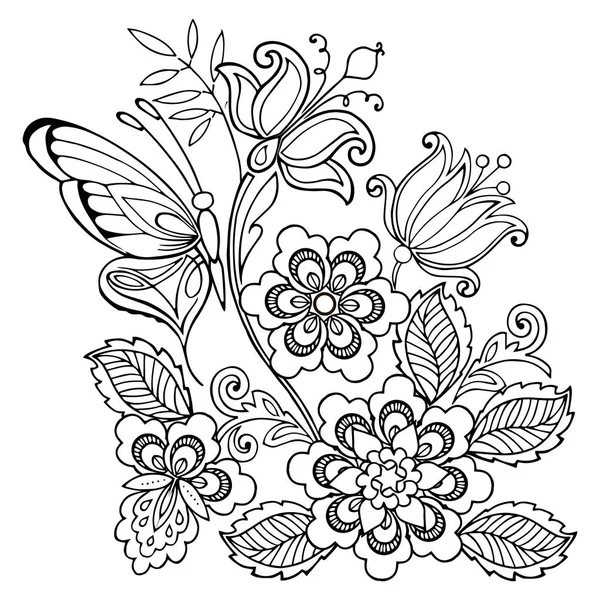 Seamless ornament flowers and butterflies for the anti stress coloring page. — Stock Vector