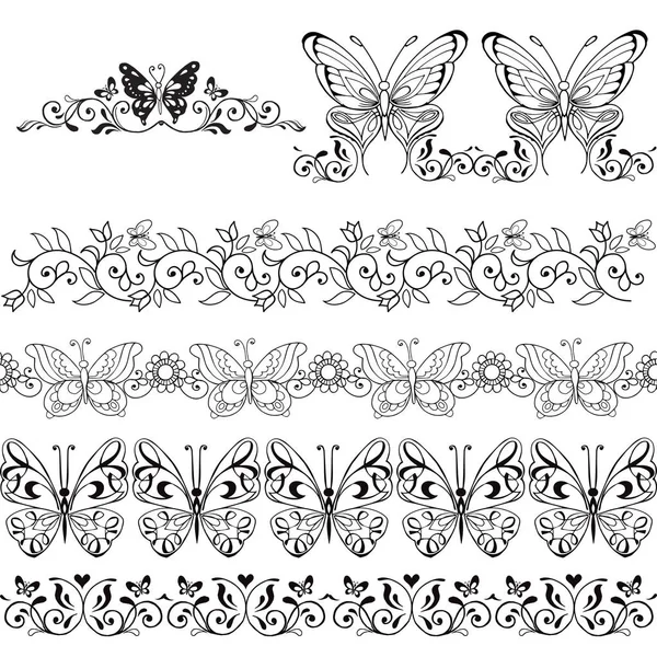 Conjunto de bordes florales con mariposas / Elementos de diseño / Tatuajes — Archivo Imágenes Vectoriales