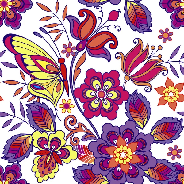 Mehrfarbiges, nahtloses Muster mit Blumen und Schmetterlingen. dekorative Ornamentkulisse für Stoff, Textilien, Packpapier. — Stockvektor