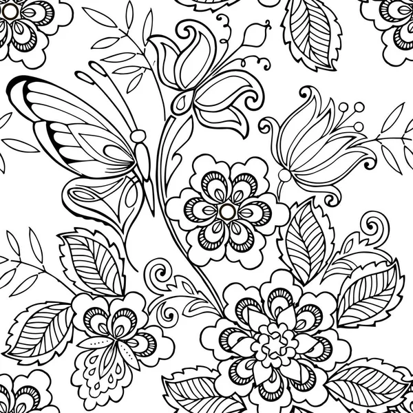 Flores ornamento sem costura e borboletas para a página de coloração anti stress . — Vetor de Stock