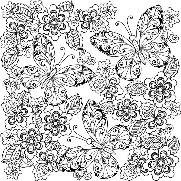 Fleurs et papillons dessinés à la main pour la coloration anti stress . — Image vectorielle