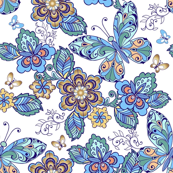 Patrón sin costuras vectorial de mariposas y flores en colores azul y verde. Fondo de adorno decorativo para tela, textil, papel de envolver . — Archivo Imágenes Vectoriales