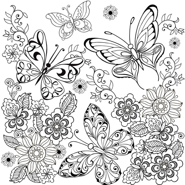 Coleção de borboletas decorativas com ornamento da página de coloração anti stress . — Vetor de Stock